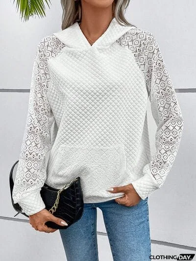 Lace Openwork Kangaroo Pocket Hoodie