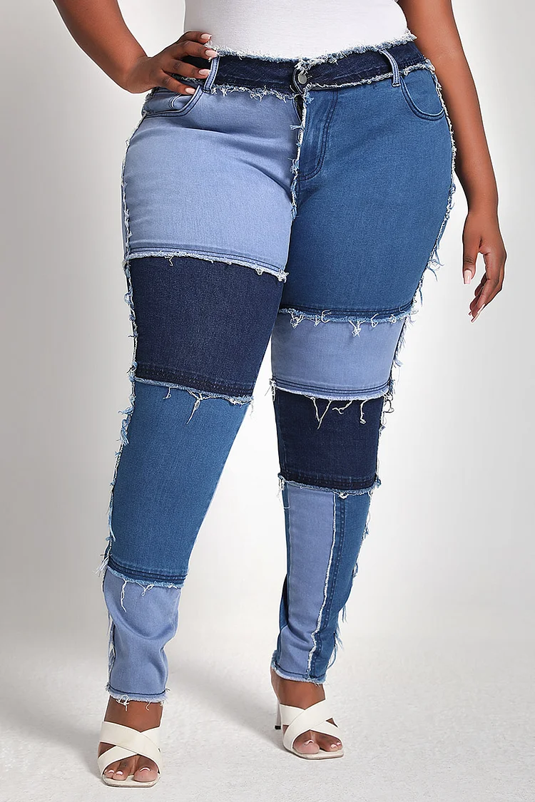 Xpluswear Design Plus Size Daily Blue Denim Colorblock Splicing Skinny Jeans