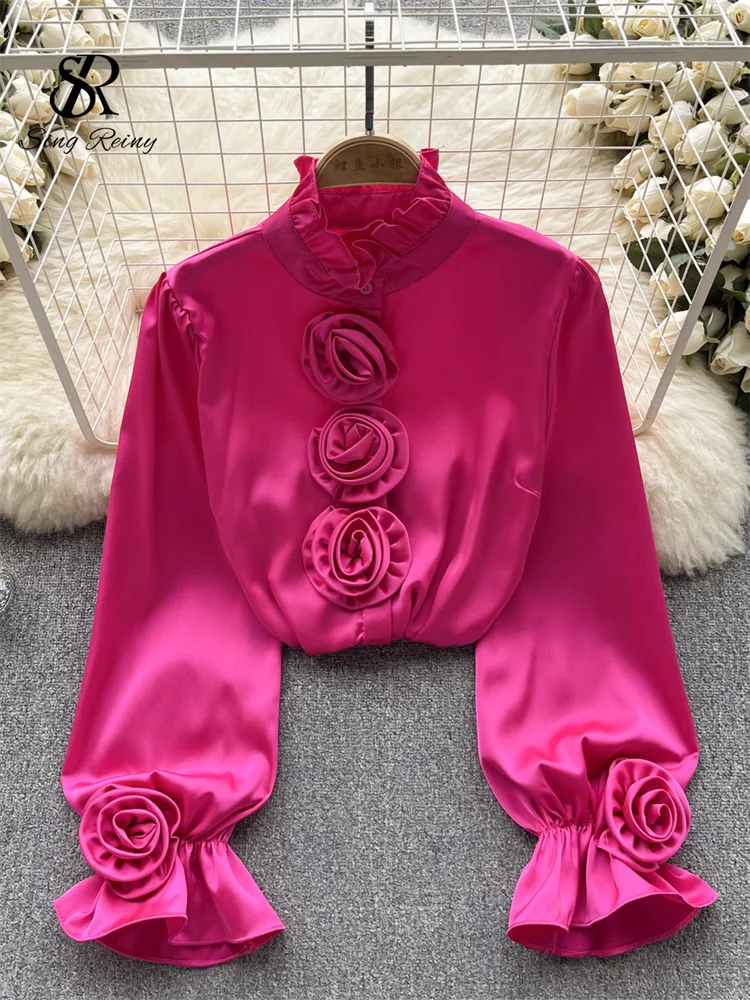 Huibahe Women High Quality Blouse 2024 Half High Collar Long Sleeves Loose Tops Fashion Korean Style Elegant 3D Floral Shirt