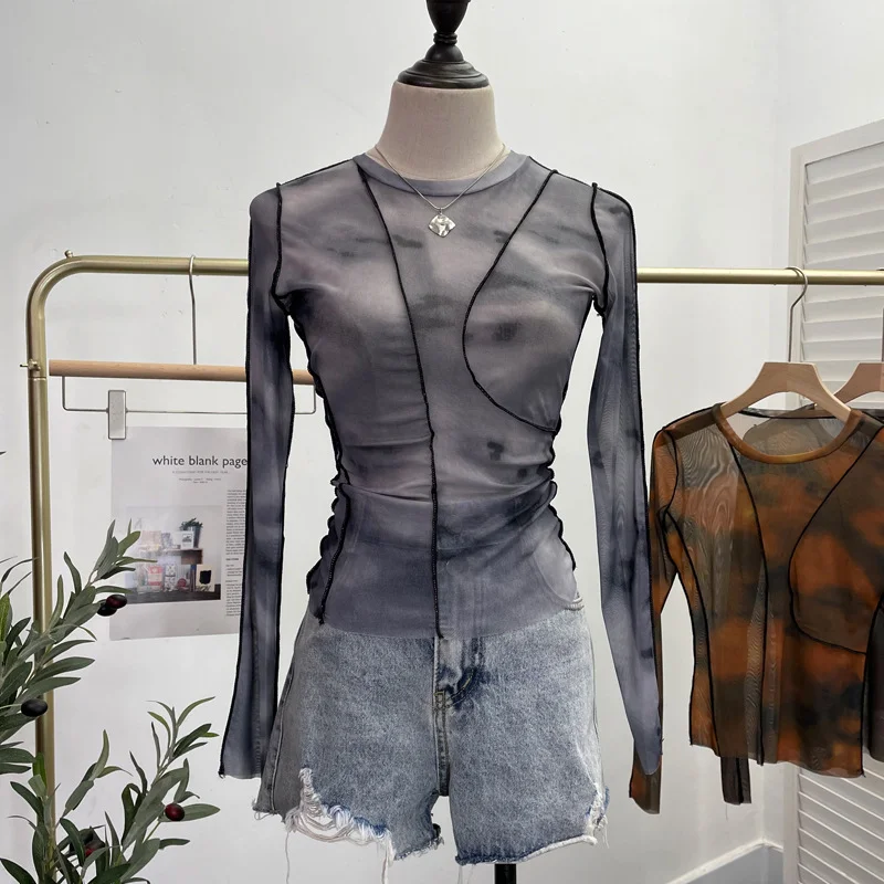 Uveng Sunset Sun Dyed Elastic Mesh Yarn T-Shirt Stacked With Long-Sleeved Top Press Line T-Shirt 8980