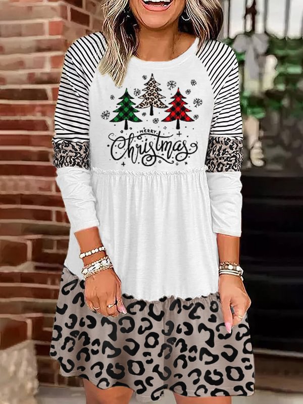 Women's Leopard Christmas Tree Print Long Sleeve Dress