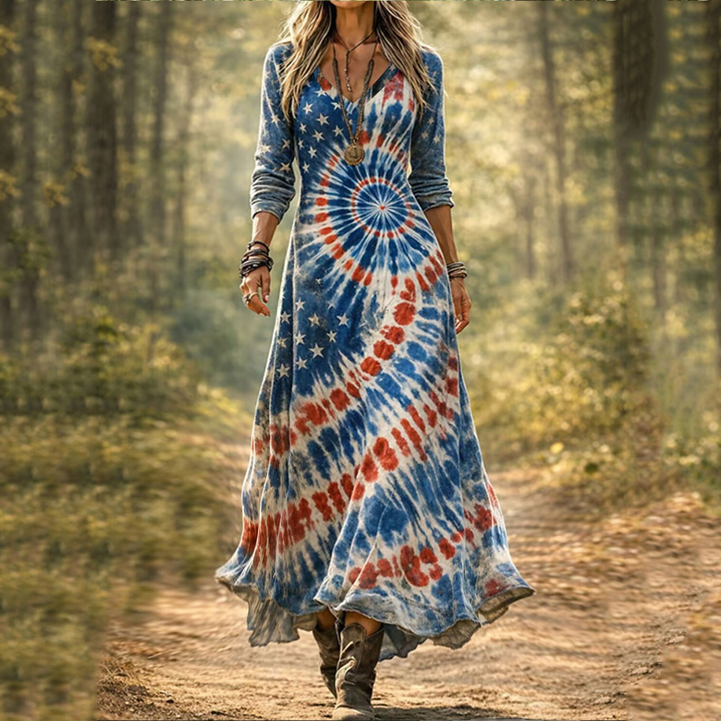  Women's Vintage Floral Independence Day Flag Art Print Dress Westsshops