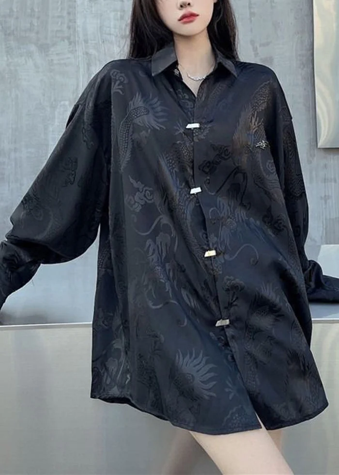 Plus Size Black Oversized Jacquard Silk Shirt Tops Fall