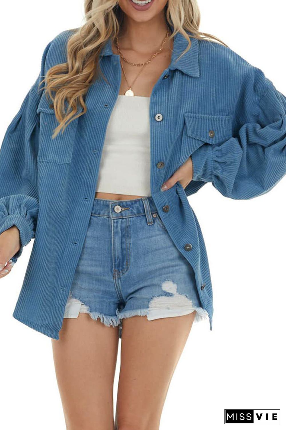 Lantern Sleeve Button Pockets Corduroy Shirt
