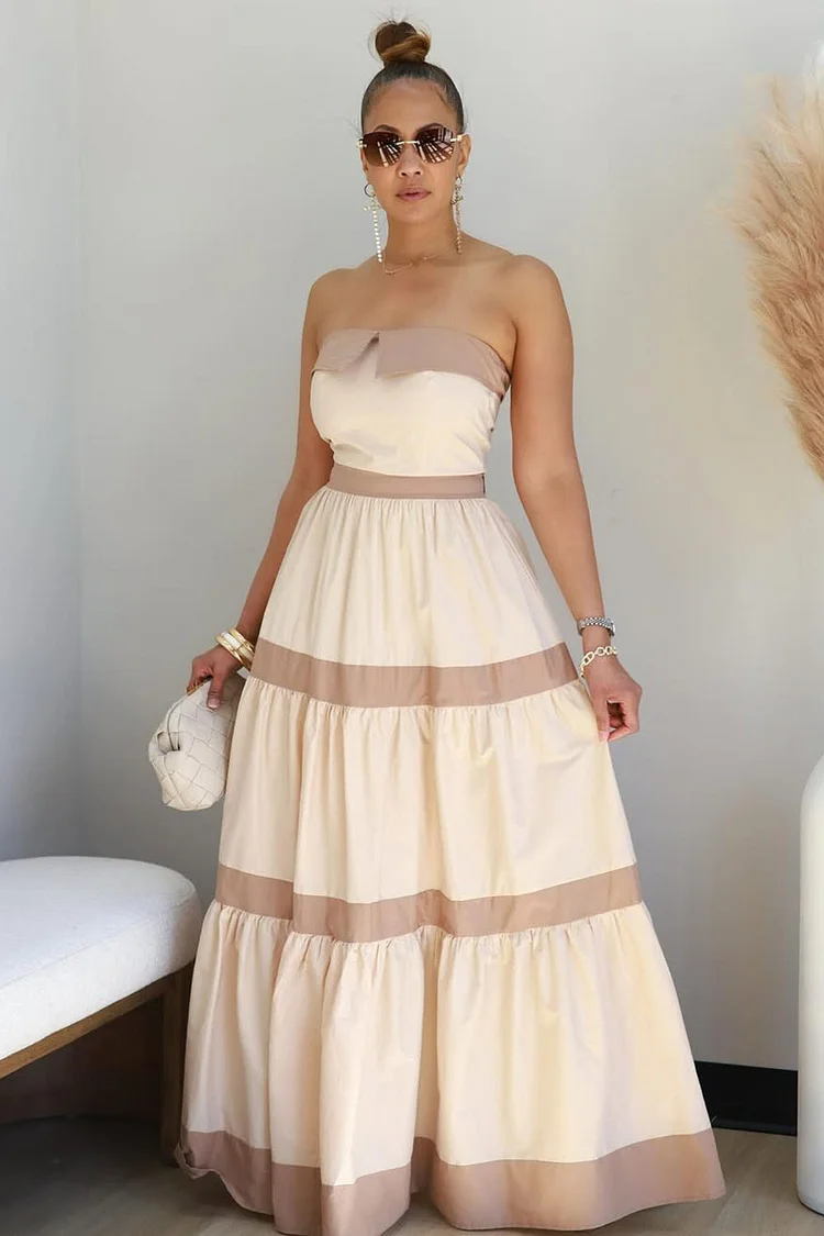 Strapless Colorblock Bandeau Tiered Party Maxi Dresses-Beige [Pre Order]