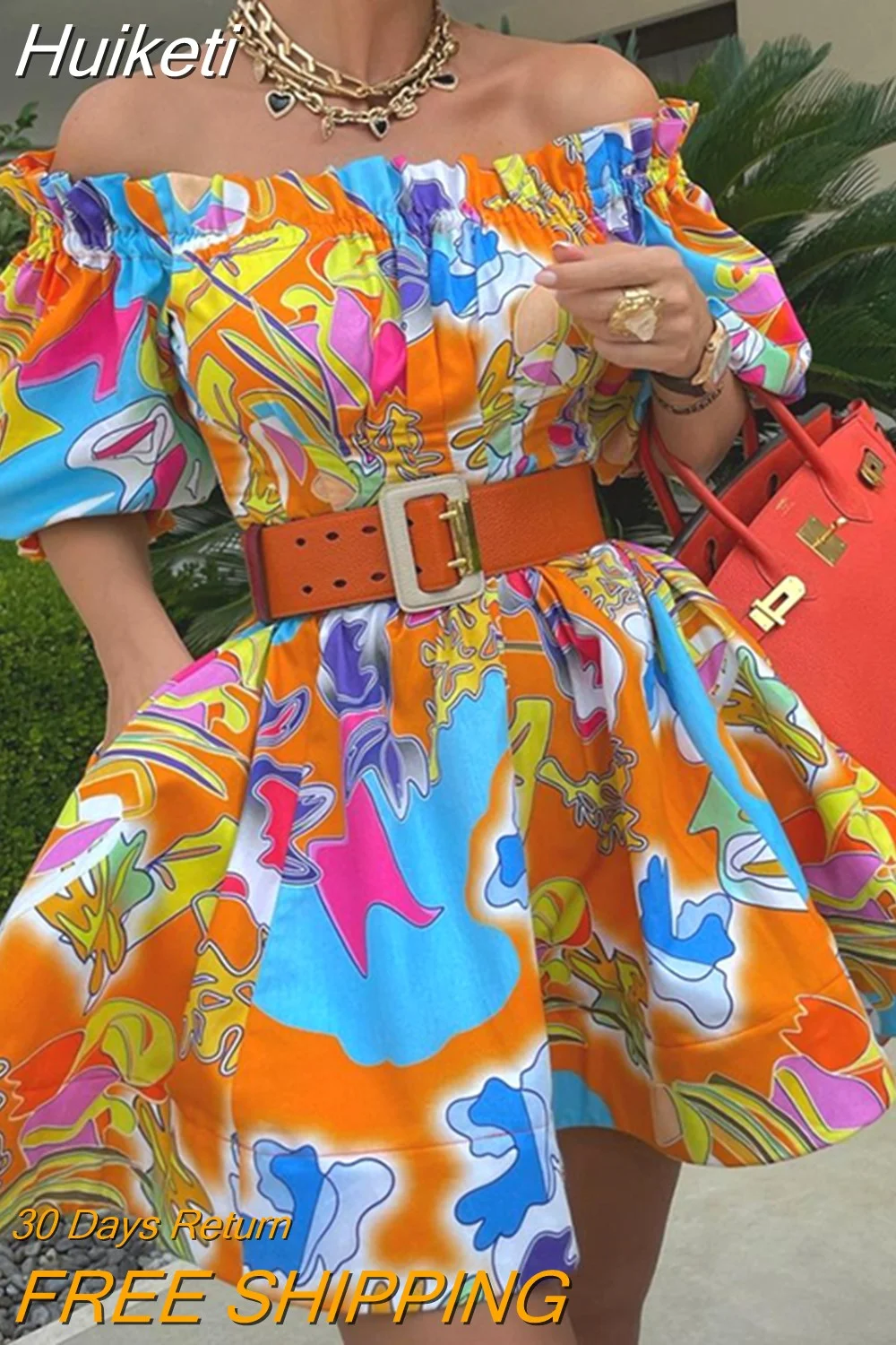 Huiketi Women Short Sleeve Pocket Design A Line Dress Sexy Off Shoulder Frill Hem Allover Print Dress with Belt
