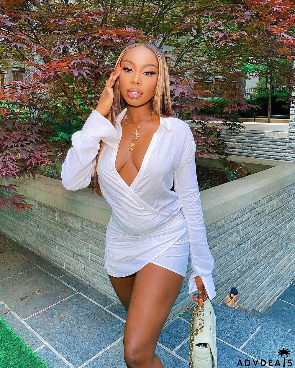 Sexy V Neck Long Sleeve Mini Dress