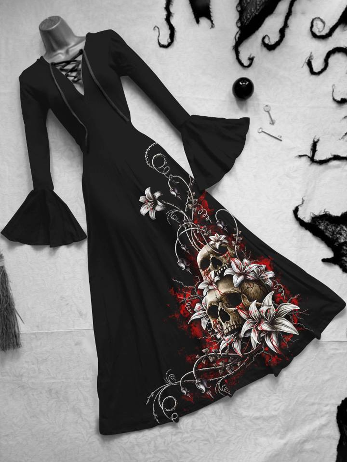 Halloween Lace Up Flare Sleeve Skull Floral Print Maxi Dress