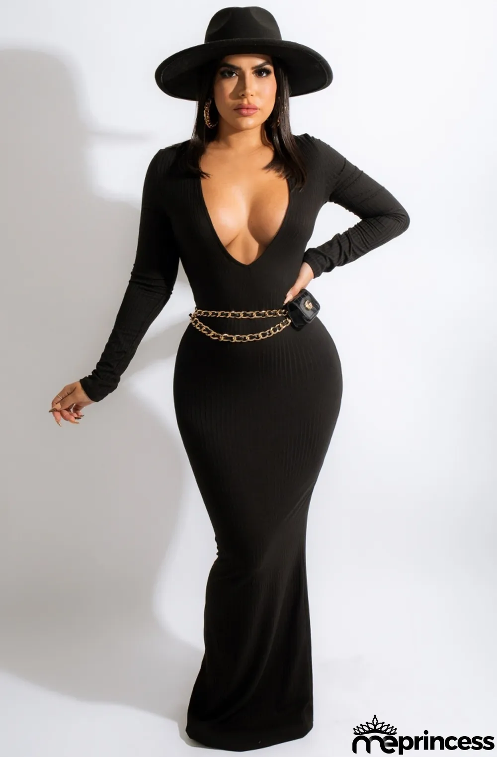 Autumn Party Sexy Deep-V Knit Black Long Dress