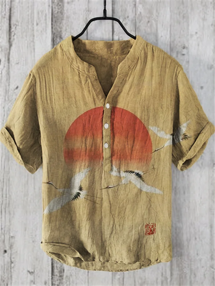 Flying Cranes Sunrise Japanese Art Linen Blend Shirt