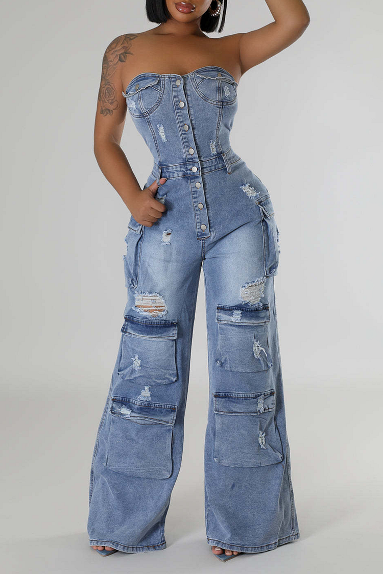 Strapless Button Up Wide Leg Pockets Ripped Denim Cargo Jumpsuit-Blue