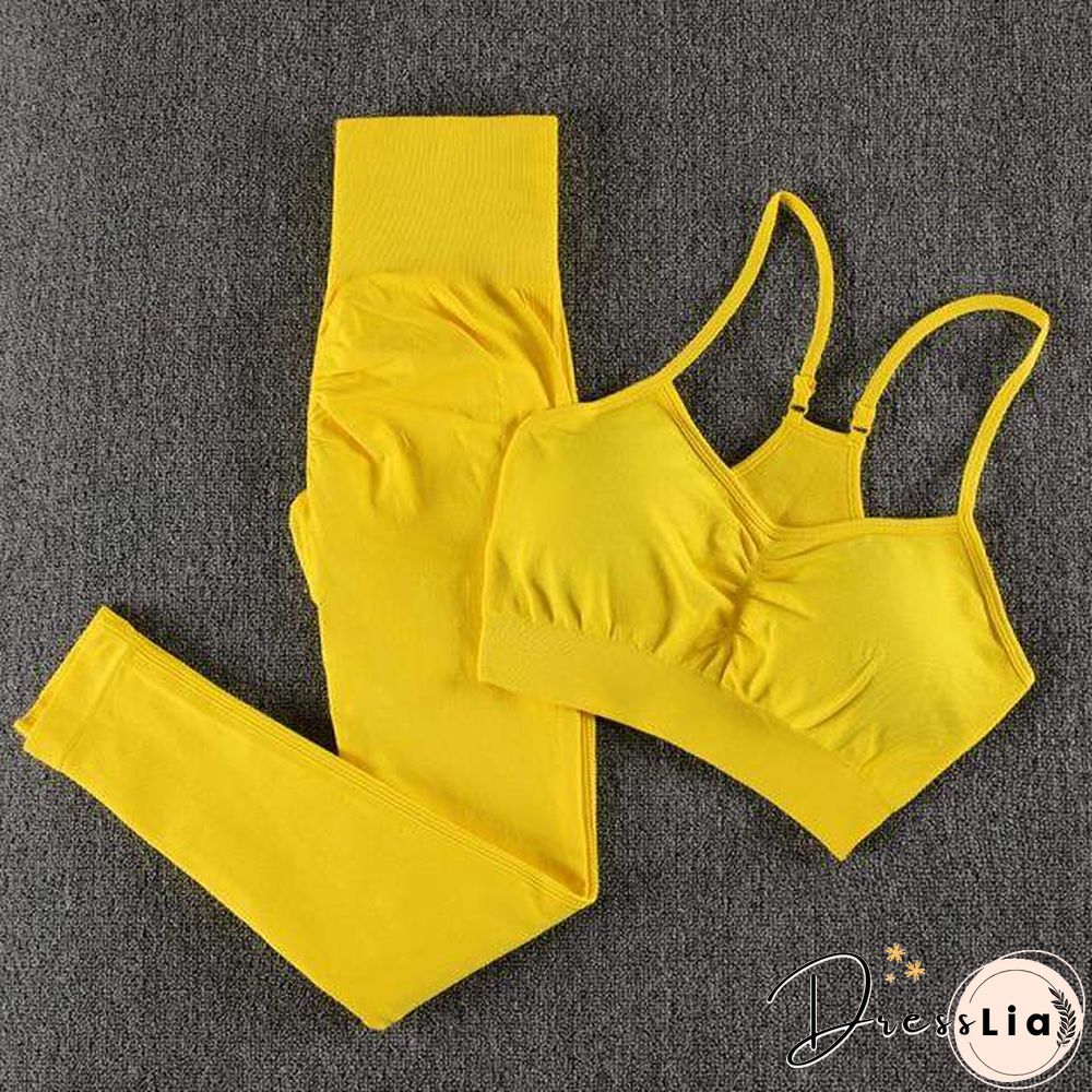 Solid Seamless Gym Two Piece Set Women High Stretchy Tracksuit Women Sports High Waist Leggings Workout Pants Sets Women