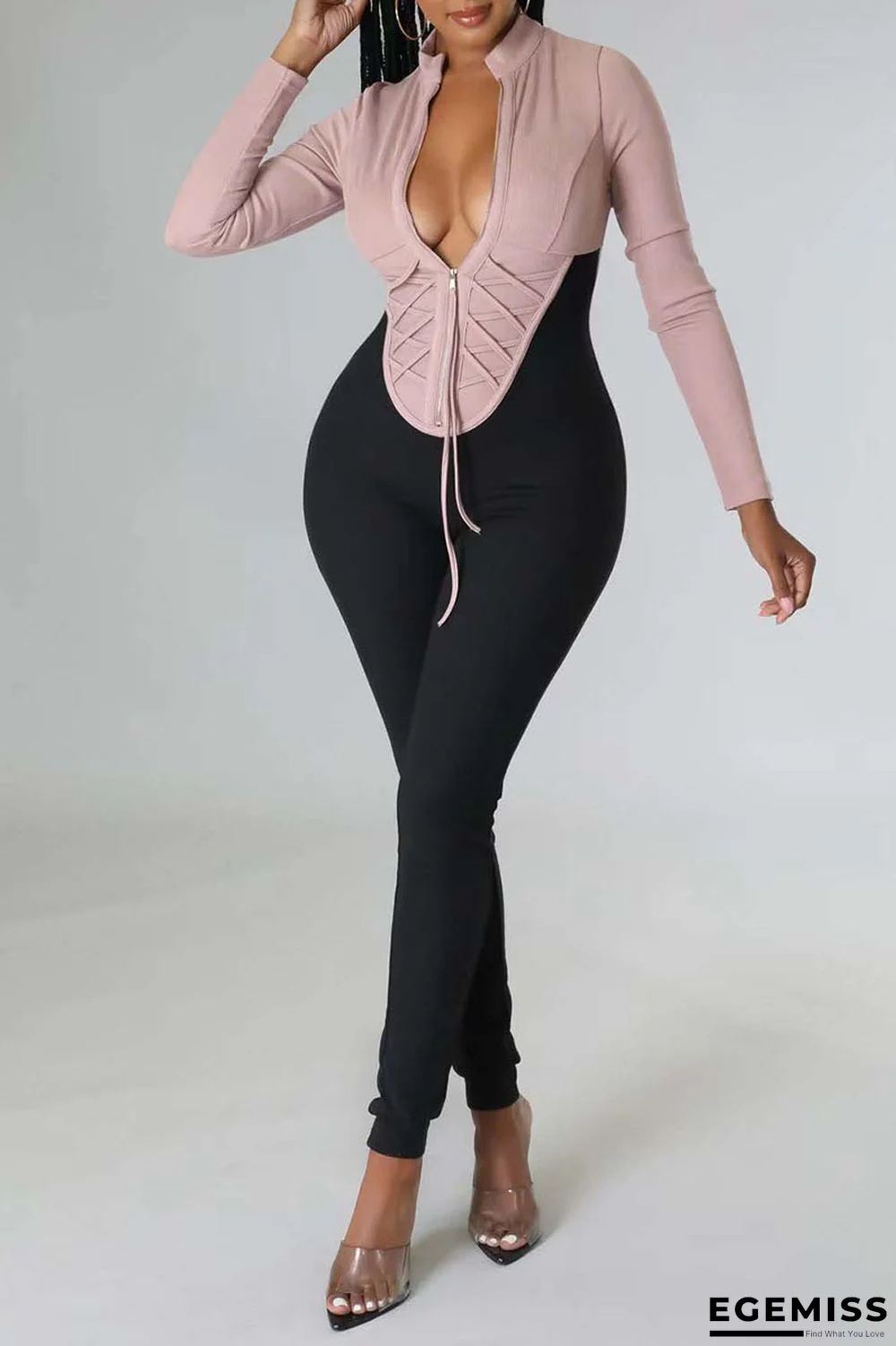 Apricot Pink Sexy Solid Patchwork Fold Zipper Collar Regular Jumpsuits | EGEMISS