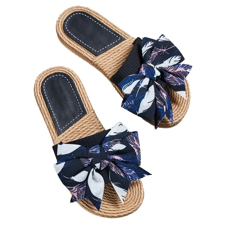 Summer Flax Flower Plant Bow Slippers Women Casual Slides Multi-Style Non-Slip Home Slippers Indoor Shoes Female Sandals hy443