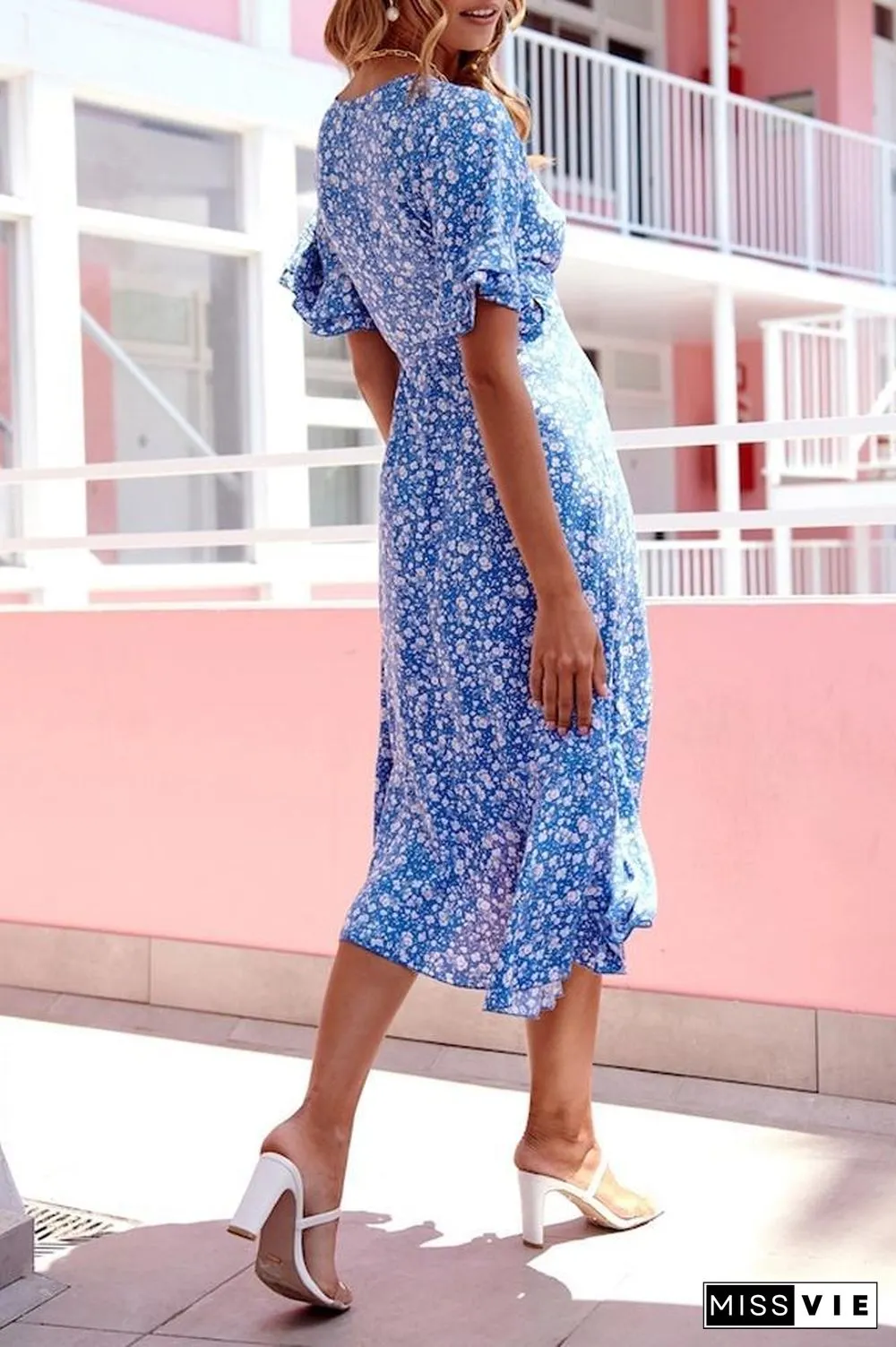 Girly V-neck Ruffle Sleeve Floral Midi Dress P12115