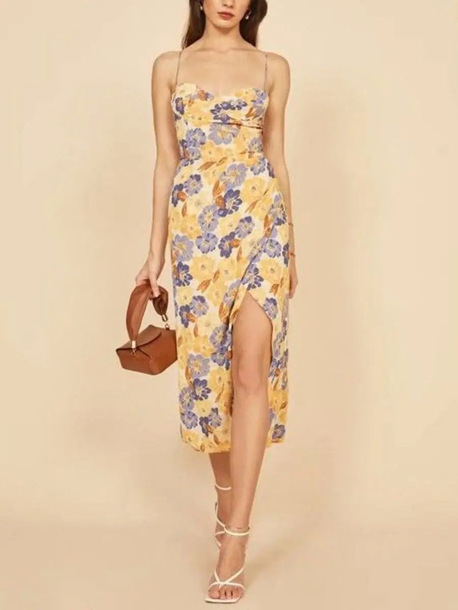 Lace Up Floral Pattern Split Hem Midi Cami Dress