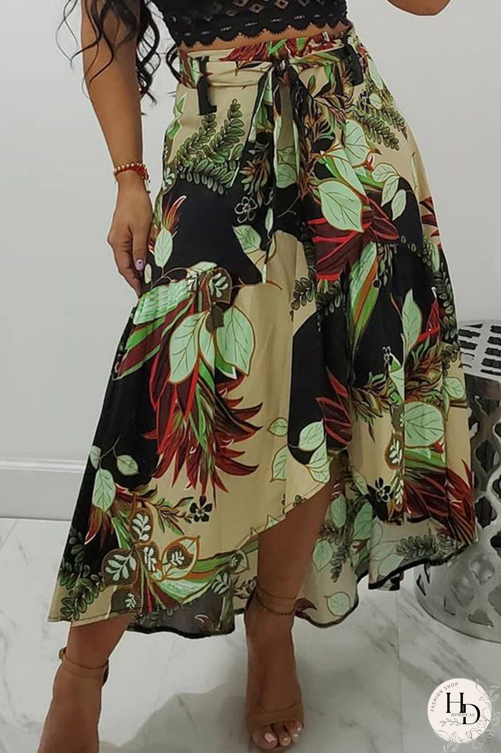 Green Sexy Print Split Joint Loose Mid Waist Wide Leg Full Print Bottoms
