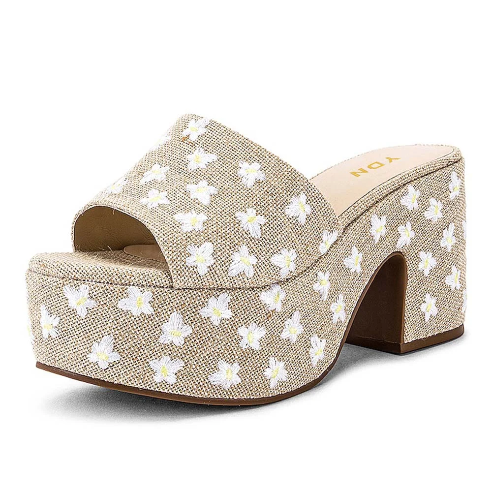Beige Open Round Toe Flower Embroidery Platform Slide Sandals