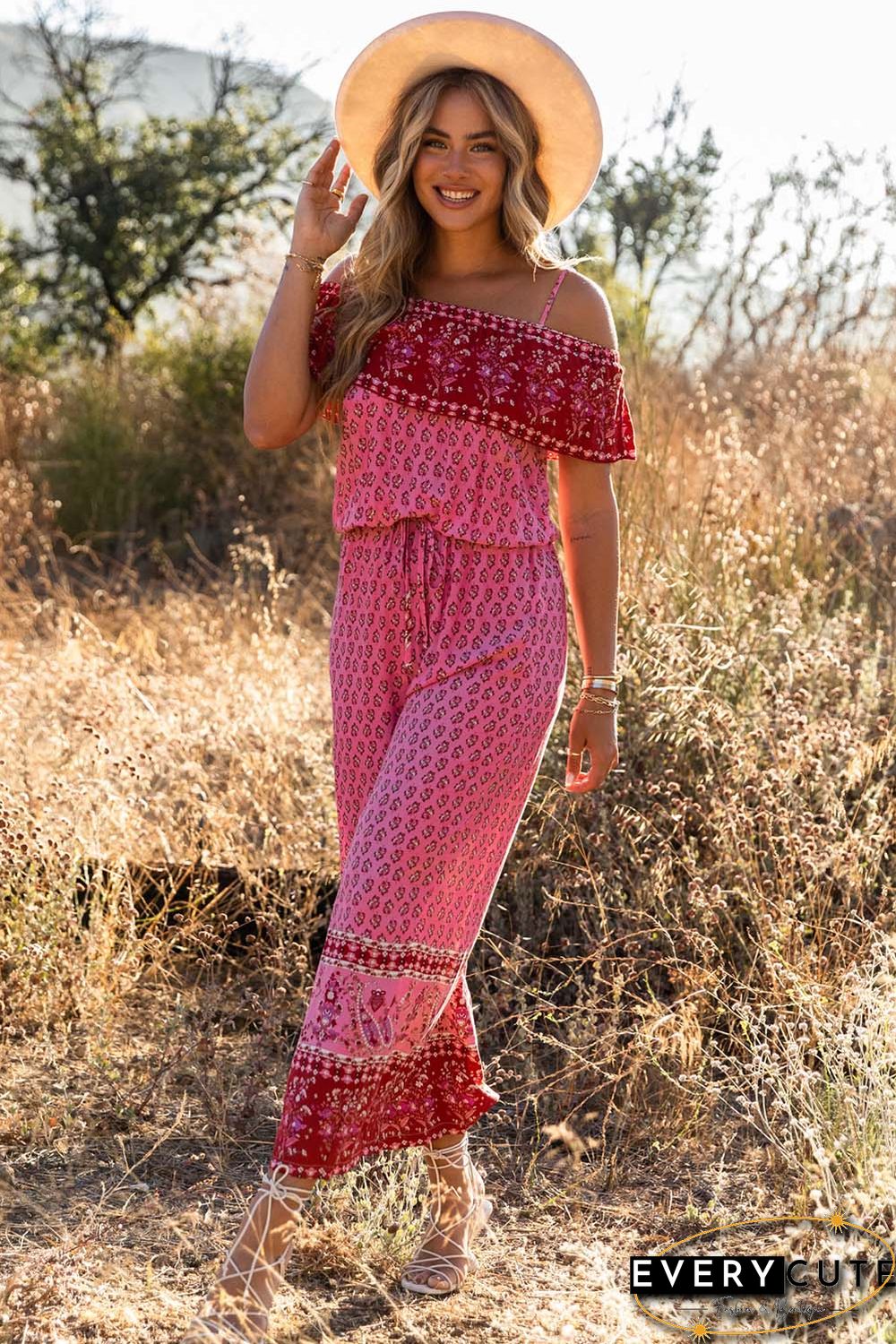 Red Pattern Print Spaghetti Strap Ruffled Wide Leg Jumpsuit