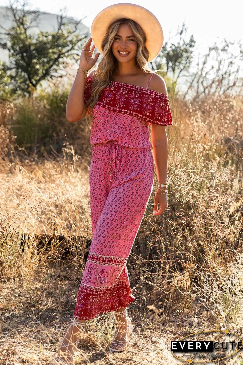Red Pattern Print Spaghetti Strap Ruffled Wide Leg Jumpsuit