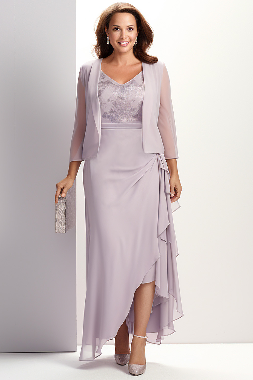 Flycurvy Plus Size Mother Of The Bride Light Purple Chiffon Irregular Hem Two Pieces Maxi Dress With Jacket 2024 - Flycurvy 