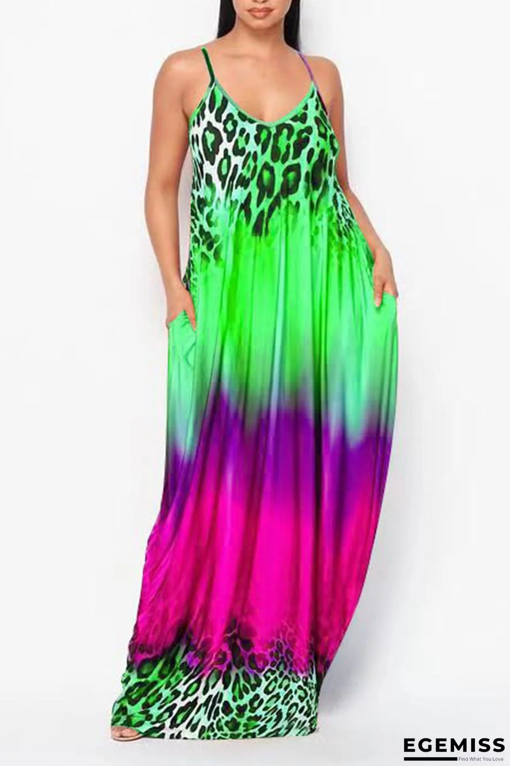 Fluorescent Green Sexy Gradual Change Print Patchwork Spaghetti Strap A Line Dresses | EGEMISS