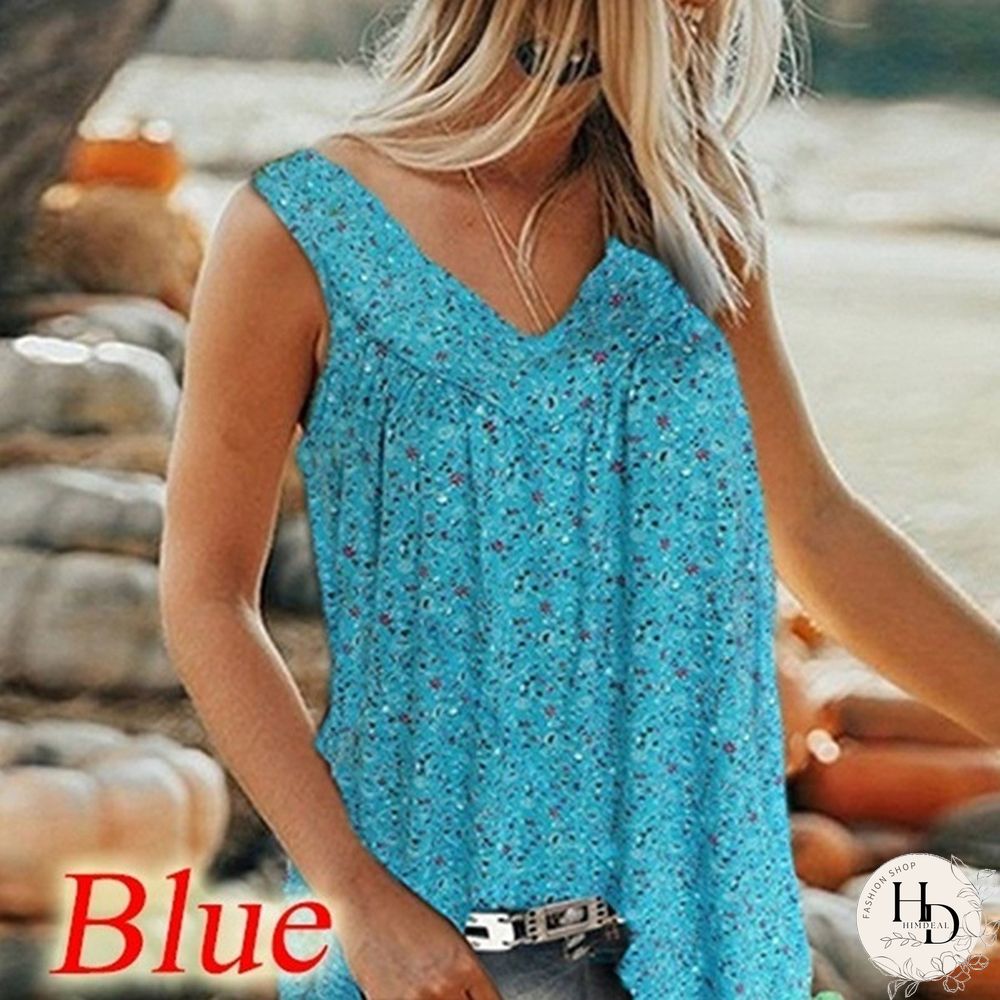 XS-8XL Plus Size Sleeveless Summer Tops Fashion Clothes Women's Casual Floral Printed Blouses Ladies Beach Wear Pleated Shirts Deep V-neck Tank Tops