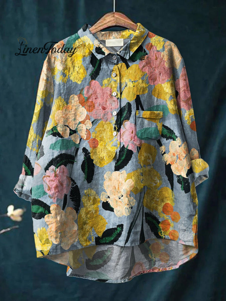 Women’s Multicolor Floral Art Print Casual Cotton And Linen Shirt / S