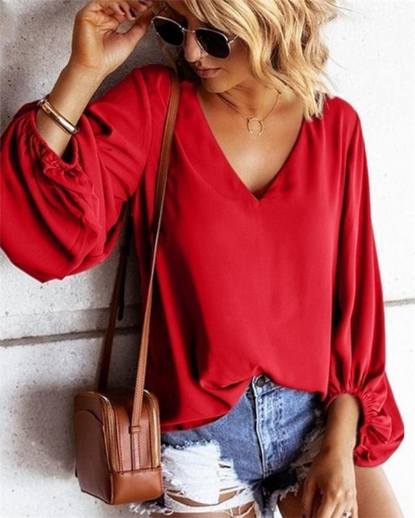 Chiffon  Sexyt Solid V Neck Women Tops Holiday Fall Daily Casual Blouse - Chicaggo