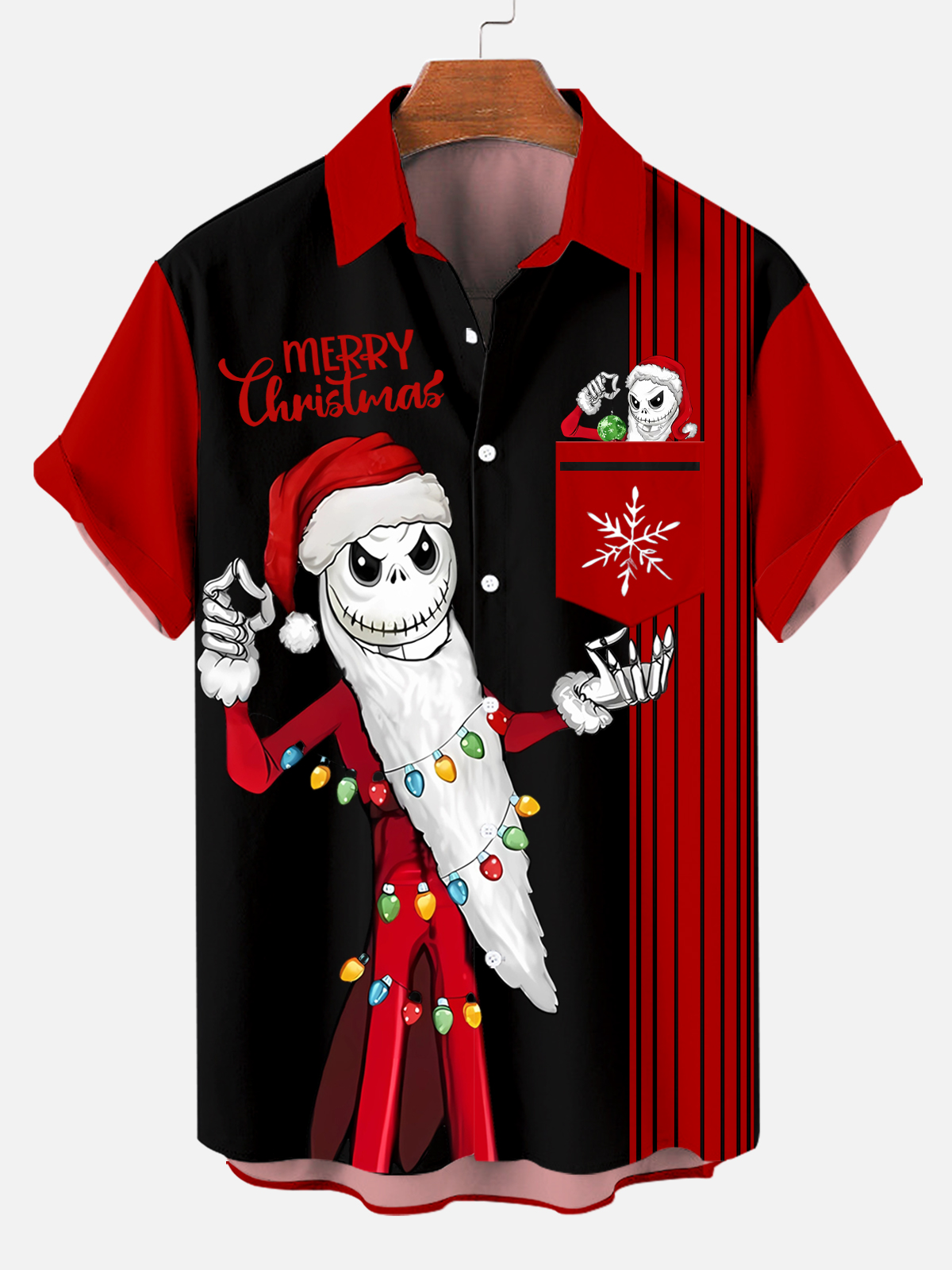 Men's Christmas Skull Jack Contrast Striped Short Sleeve Shirt PLUSCLOTHESMAN