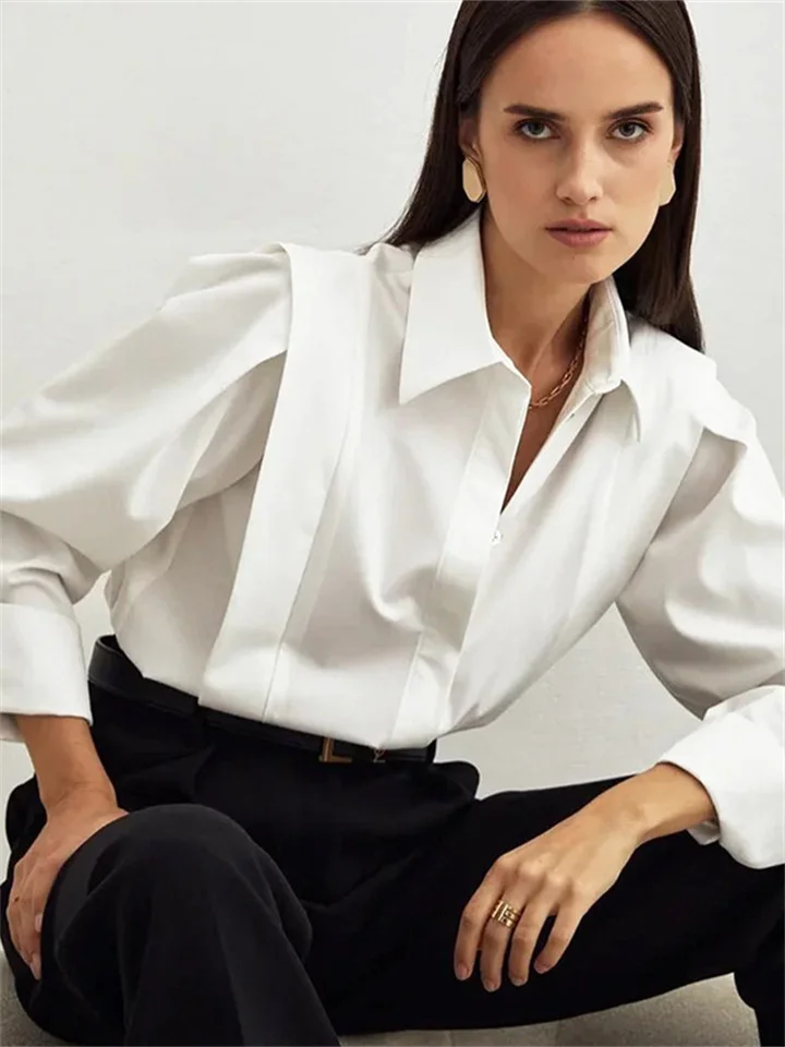 Fall New Straight Shoulder White Shirt Women's Commuter Temperament Design Sense Niche Long-sleeved Blouse Tops-Cosfine