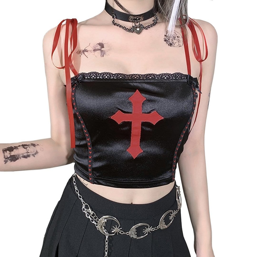 Dark Cross Embroidered Navel Sling