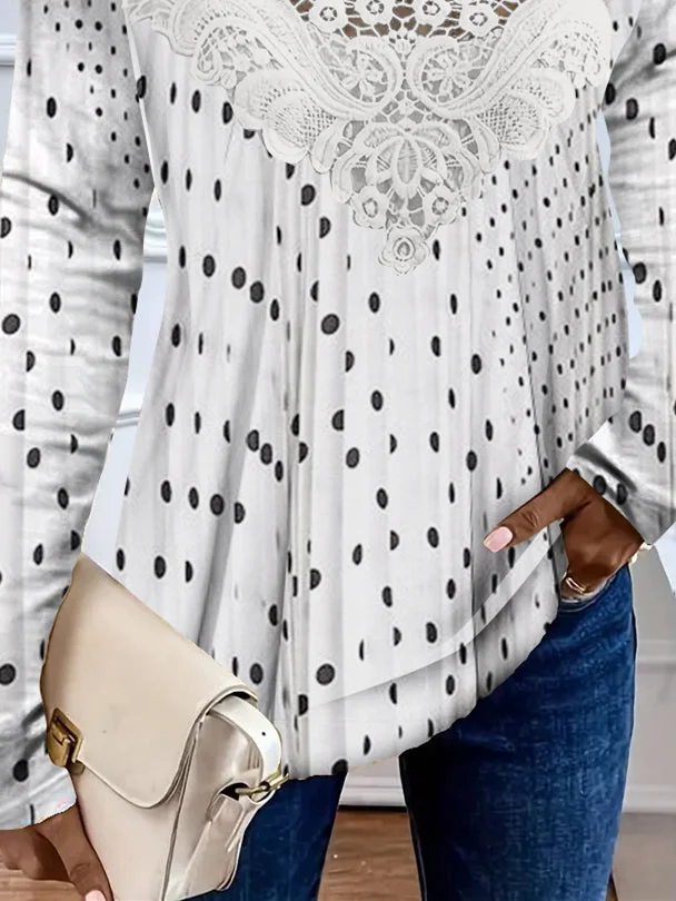 Women's Long Sleeve Scoop Neck Polka Dot Printed Lace Stitching Top