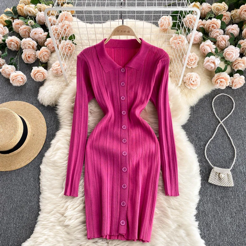 SINGREINY Women Sexy Sweater Dress Turndown-Collar Long Sleeves Elastic Pencil Dress Autumn Button Bodycon Stripe knitted  Dress