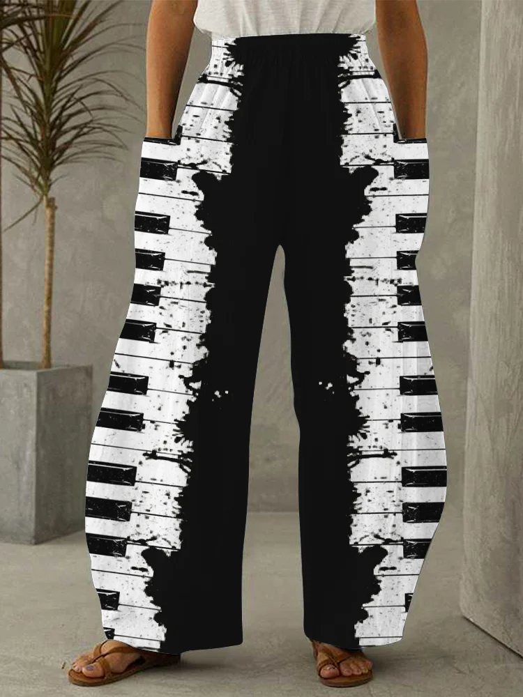 Piano Keys Contrast Patch Pocket Wide Leg Pants