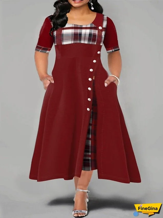 Women's Dress - Plus Size Casual Dress Plaid Crew Neck Print Half Sleeve Spring Fall Elegant Casual Maxi long Dress Work Daily Dress / Date