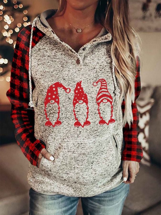 Women's Christmas Gnomes Print Check Hoodie