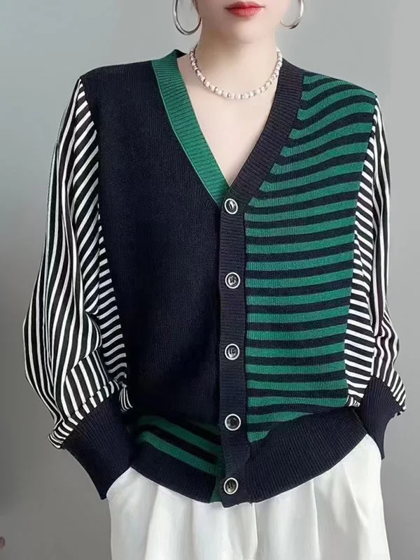Buttoned Contrast Color Split-Joint Striped Long Sleeves Loose V-Neck Knitwear Cardigan Tops