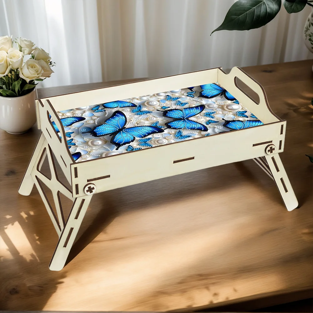 5D DIY Butterfly Diamond Painting Wooden Serving Tray with Handle for Home Decor