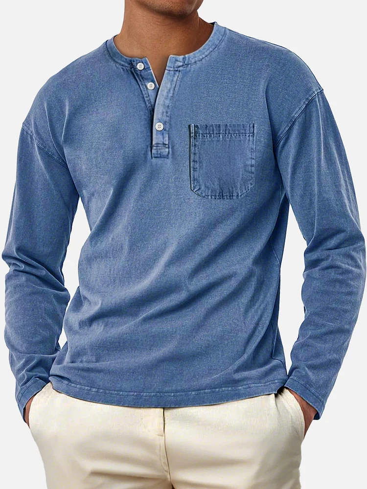 Men's Vintage Pure Cotton Washed Distressed Pocket Casual Long-sleeved Henley Shirt