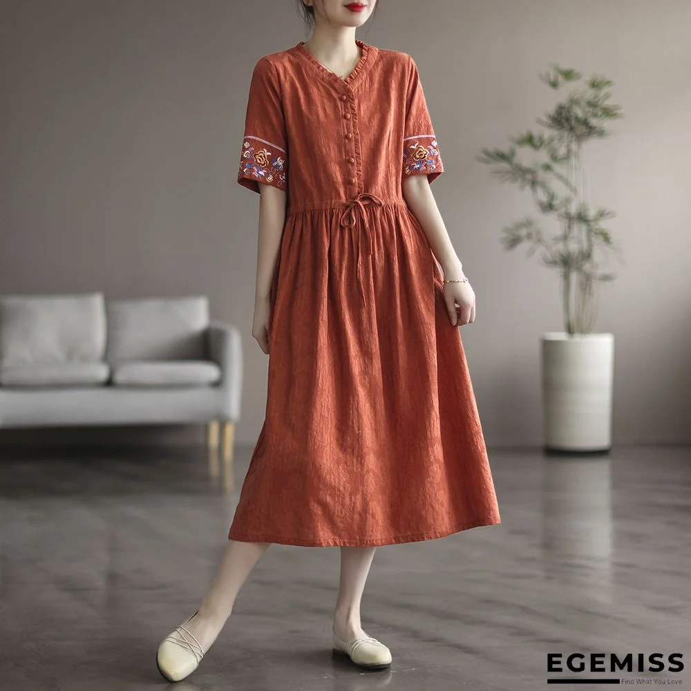 Cotton Embroidered Short Sleeve Dress Feminine Loose Knee-length Dress | EGEMISS