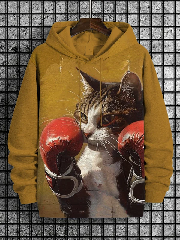 Men's Cat Boxer Print Casual Hoodie