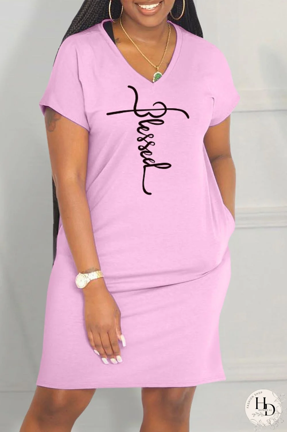 Pink Casual Print Basic V Neck Short Sleeve Dress