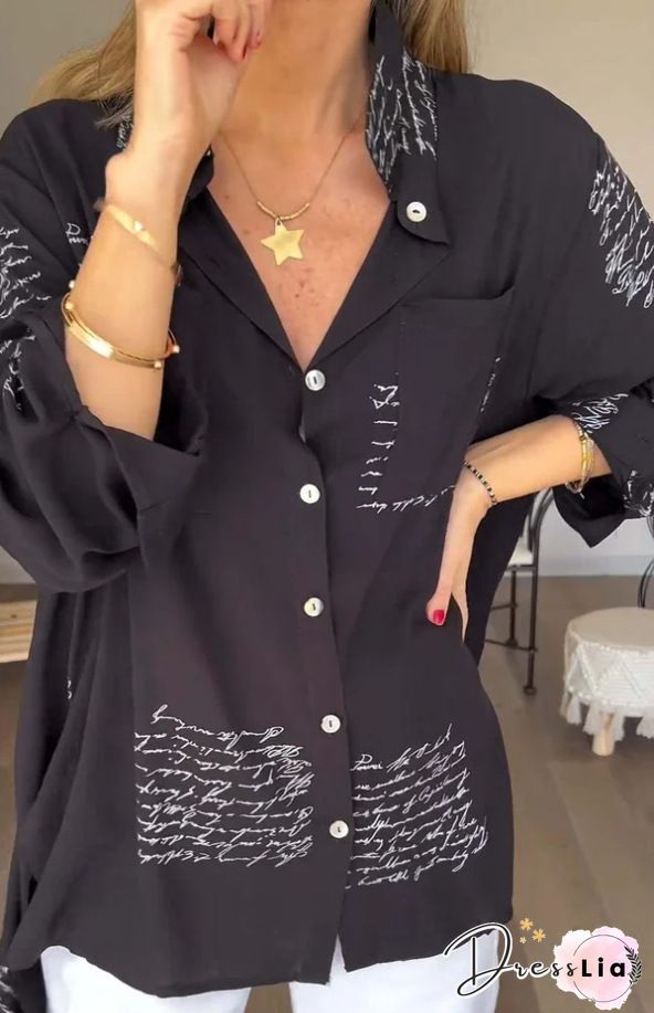 Text Letters Casual Lace Loose Long Sleeve Blouse