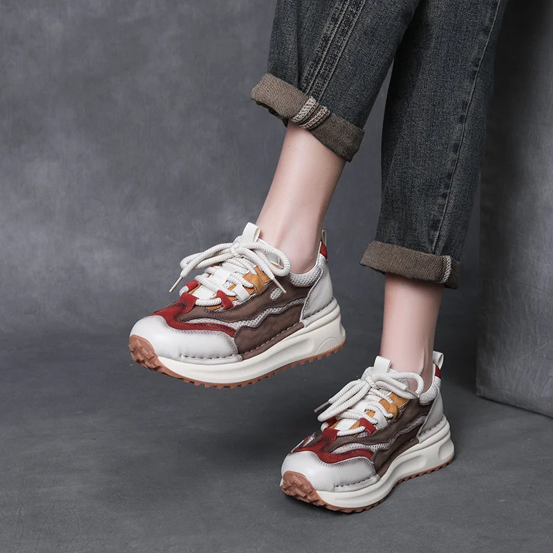 Yyvonne Layer Cowhedry Breathable Mesh Color Old Dad Shoes Women In Spring 2025 New Thick-Bottomed Sports Leisure Single Shoes