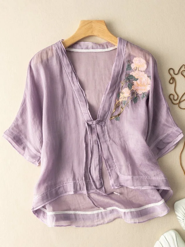 Women's Ramie Flower Embroidery Color Stitching Trim Cardigan Top