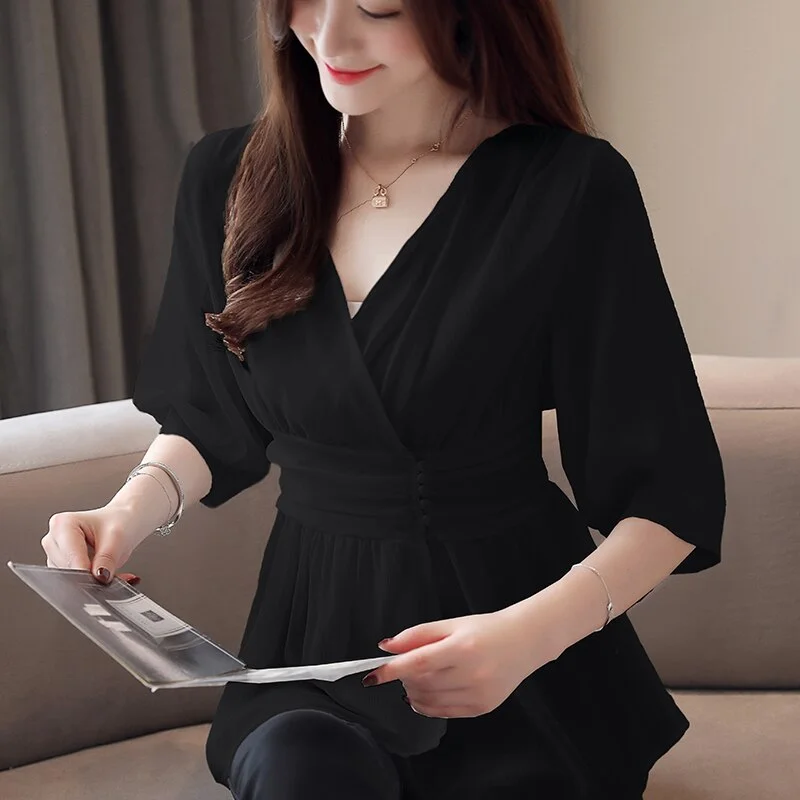 Women's Summer Blouses Blusas Mujer De Moda 2023 White Blouse V-neck Chiffon Blouse Women Shirts Womens Tops And Blouses B359