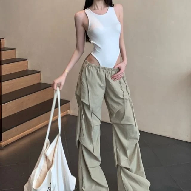 Pants Neck Ruched Bodysuit Leg / Top Wide Round Waist Plain Low Sleeveless
