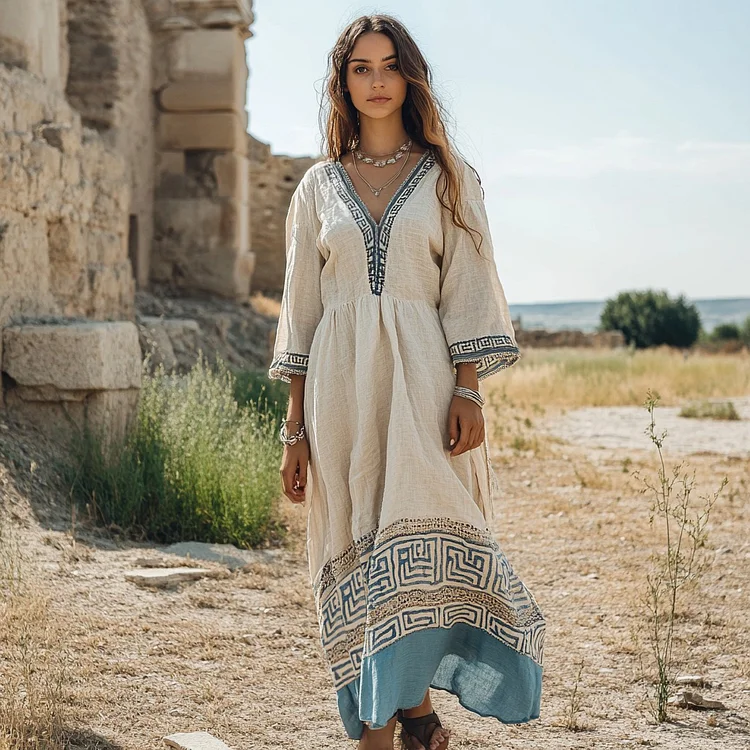 Utbros Retro Greek Key V Neck Linen Blend Maxi Dress