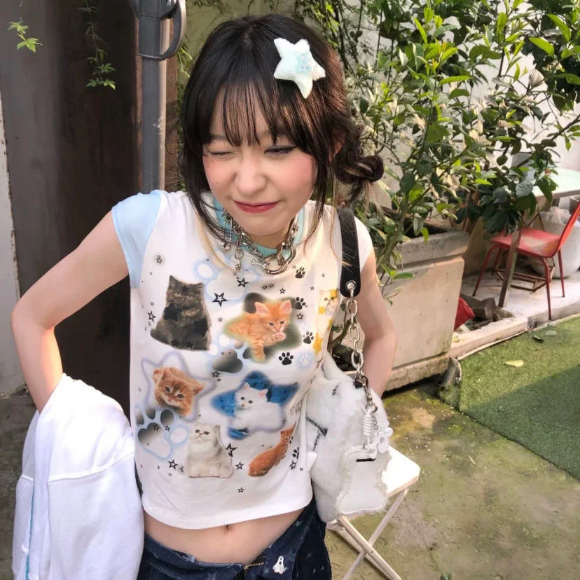 Vstacam Kawaii Clothes Cat Print T Shirt Women Y2k Aesthetics Anime Fashion Tops Harajuku T-Shirt 2000S Vintage Tee Shirts Crop Top